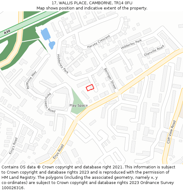 17, WALLIS PLACE, CAMBORNE, TR14 0FU: Location map and indicative extent of plot