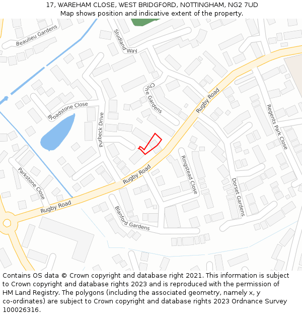 17, WAREHAM CLOSE, WEST BRIDGFORD, NOTTINGHAM, NG2 7UD: Location map and indicative extent of plot