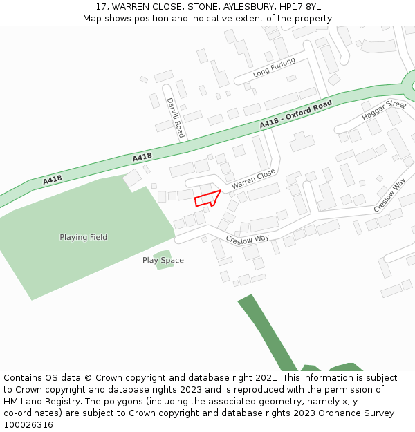 17, WARREN CLOSE, STONE, AYLESBURY, HP17 8YL: Location map and indicative extent of plot