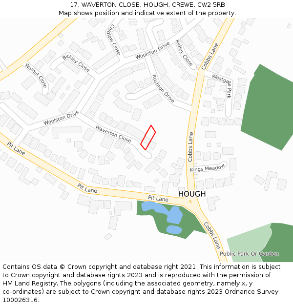 17, WAVERTON CLOSE, HOUGH, CREWE, CW2 5RB: Location map and indicative extent of plot