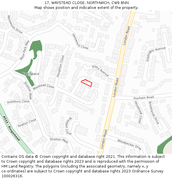 17, WAYSTEAD CLOSE, NORTHWICH, CW9 8NN: Location map and indicative extent of plot