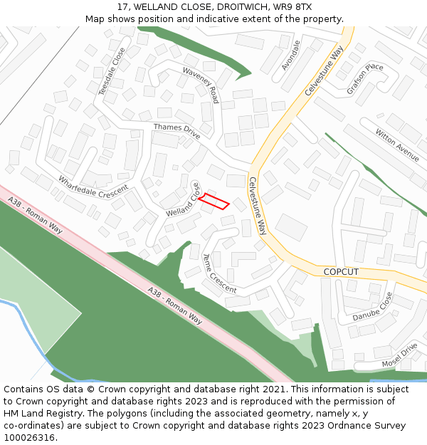 17, WELLAND CLOSE, DROITWICH, WR9 8TX: Location map and indicative extent of plot