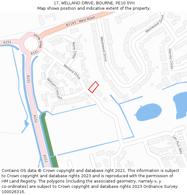 17, WELLAND DRIVE, BOURNE, PE10 0YH: Location map and indicative extent of plot