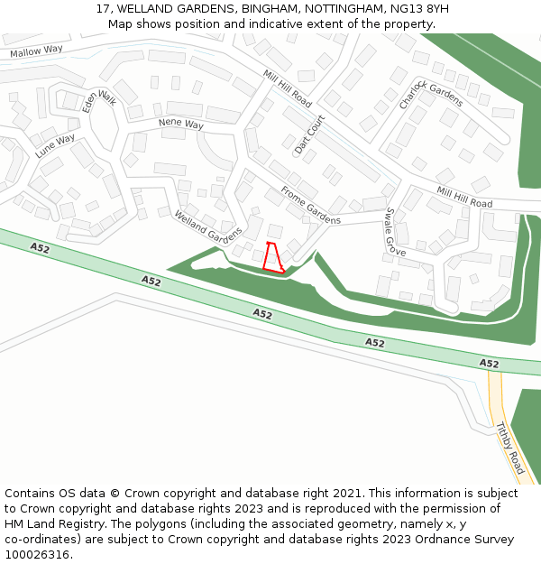 17, WELLAND GARDENS, BINGHAM, NOTTINGHAM, NG13 8YH: Location map and indicative extent of plot