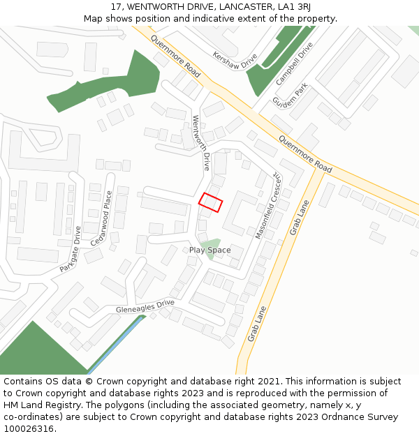 17, WENTWORTH DRIVE, LANCASTER, LA1 3RJ: Location map and indicative extent of plot
