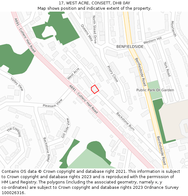 17, WEST ACRE, CONSETT, DH8 0AY: Location map and indicative extent of plot