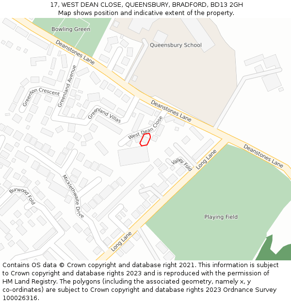 17, WEST DEAN CLOSE, QUEENSBURY, BRADFORD, BD13 2GH: Location map and indicative extent of plot