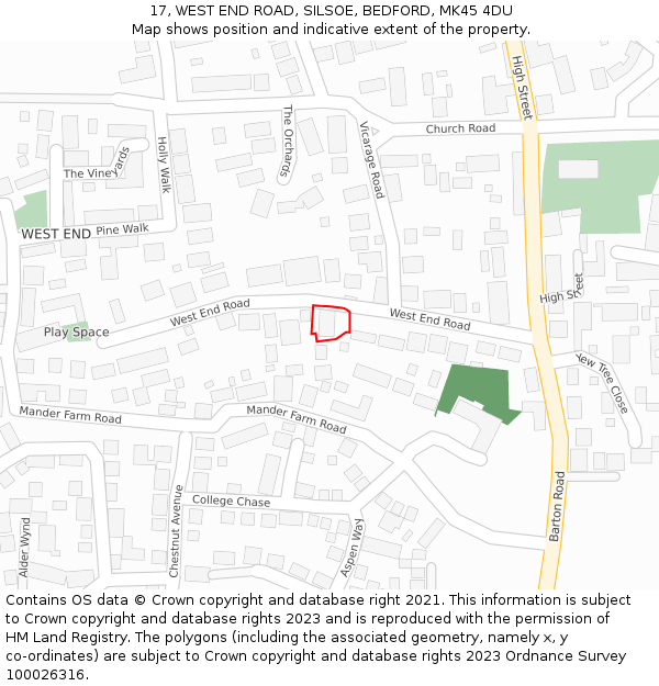 17, WEST END ROAD, SILSOE, BEDFORD, MK45 4DU: Location map and indicative extent of plot