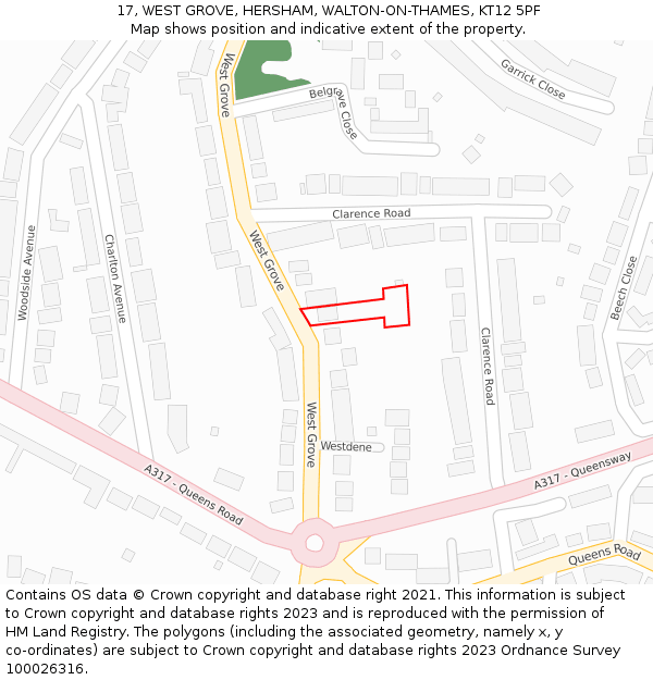 17, WEST GROVE, HERSHAM, WALTON-ON-THAMES, KT12 5PF: Location map and indicative extent of plot