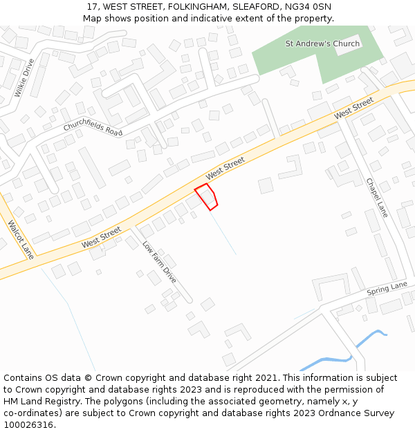 17, WEST STREET, FOLKINGHAM, SLEAFORD, NG34 0SN: Location map and indicative extent of plot