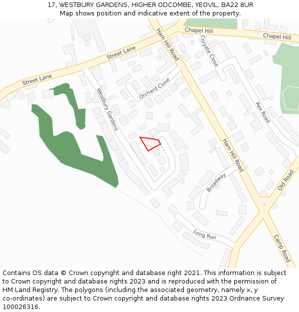 17, WESTBURY GARDENS, HIGHER ODCOMBE, YEOVIL, BA22 8UR: Location map and indicative extent of plot