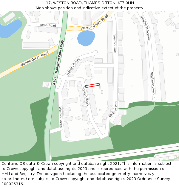 17, WESTON ROAD, THAMES DITTON, KT7 0HN: Location map and indicative extent of plot