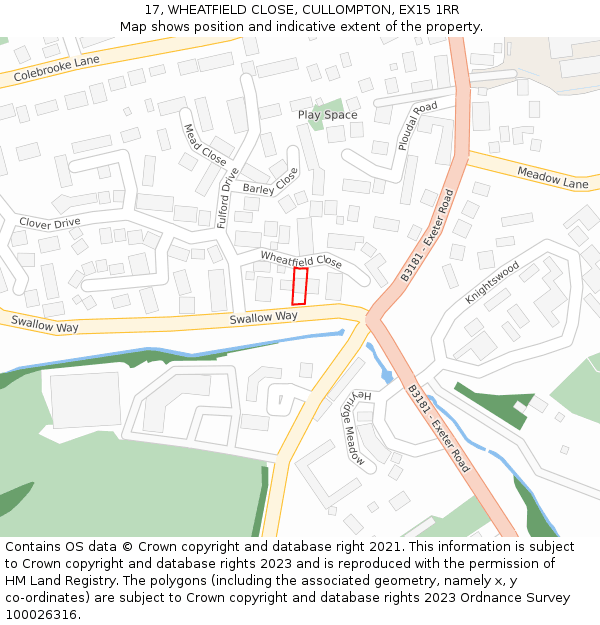 17, WHEATFIELD CLOSE, CULLOMPTON, EX15 1RR: Location map and indicative extent of plot