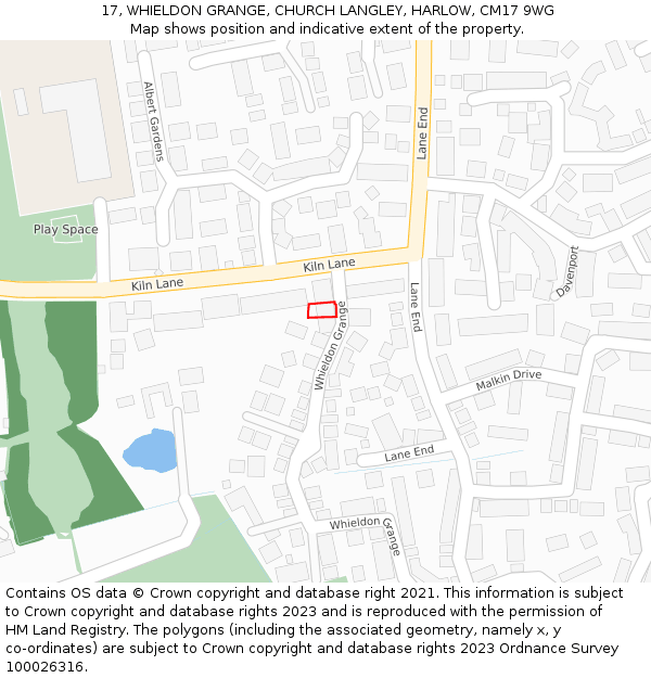 17, WHIELDON GRANGE, CHURCH LANGLEY, HARLOW, CM17 9WG: Location map and indicative extent of plot