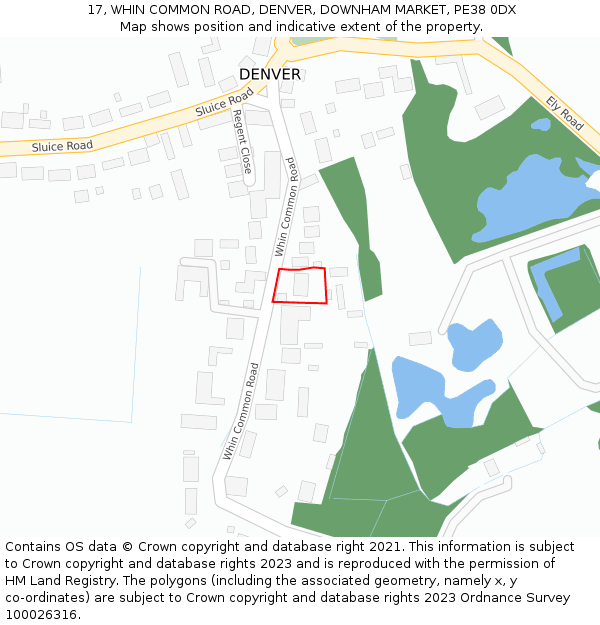 17, WHIN COMMON ROAD, DENVER, DOWNHAM MARKET, PE38 0DX: Location map and indicative extent of plot