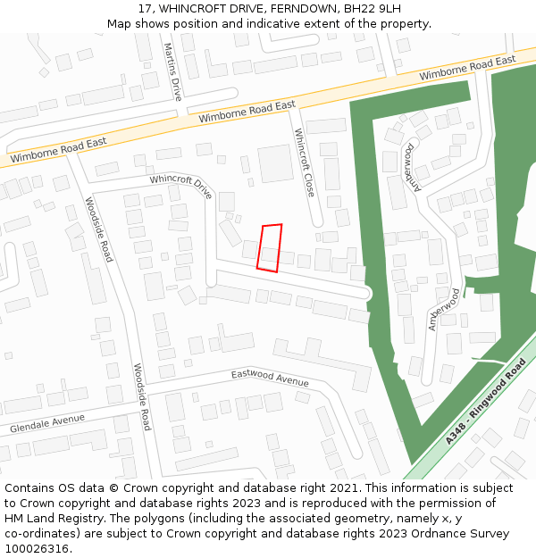 17, WHINCROFT DRIVE, FERNDOWN, BH22 9LH: Location map and indicative extent of plot