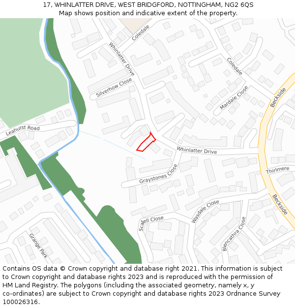 17, WHINLATTER DRIVE, WEST BRIDGFORD, NOTTINGHAM, NG2 6QS: Location map and indicative extent of plot