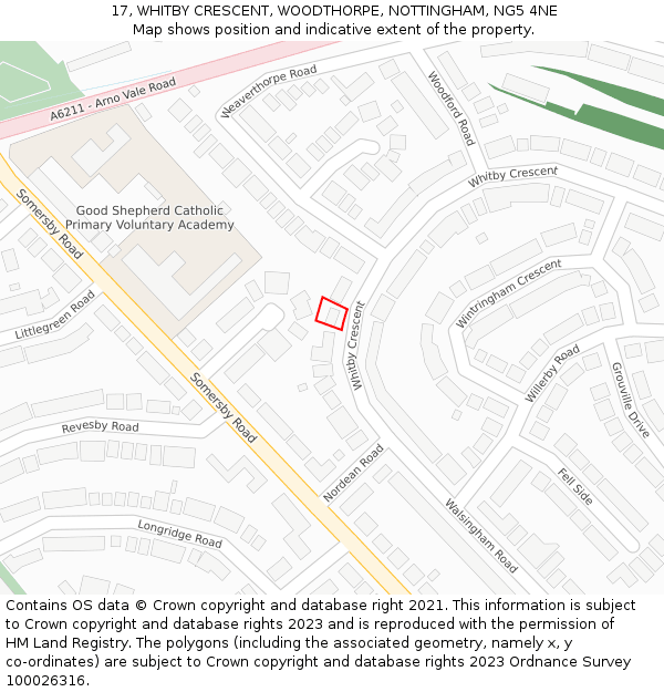 17, WHITBY CRESCENT, WOODTHORPE, NOTTINGHAM, NG5 4NE: Location map and indicative extent of plot