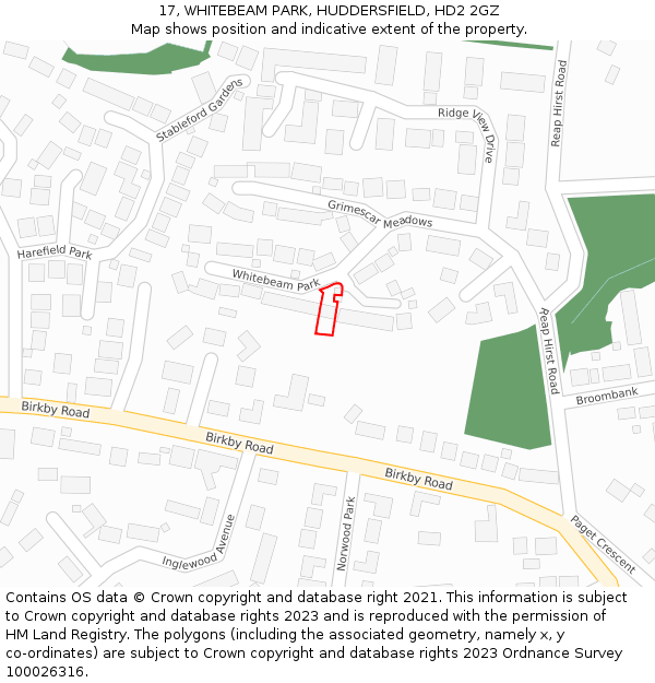 17, WHITEBEAM PARK, HUDDERSFIELD, HD2 2GZ: Location map and indicative extent of plot