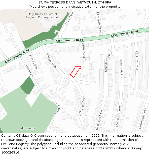 17, WHITECROSS DRIVE, WEYMOUTH, DT4 9PA: Location map and indicative extent of plot