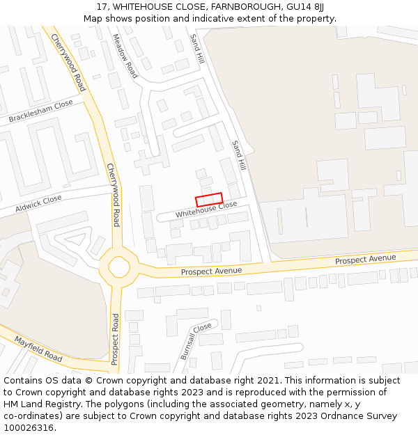 17, WHITEHOUSE CLOSE, FARNBOROUGH, GU14 8JJ: Location map and indicative extent of plot