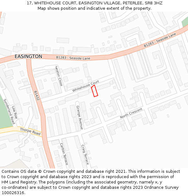 17, WHITEHOUSE COURT, EASINGTON VILLAGE, PETERLEE, SR8 3HZ: Location map and indicative extent of plot