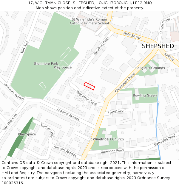 17, WIGHTMAN CLOSE, SHEPSHED, LOUGHBOROUGH, LE12 9NQ: Location map and indicative extent of plot