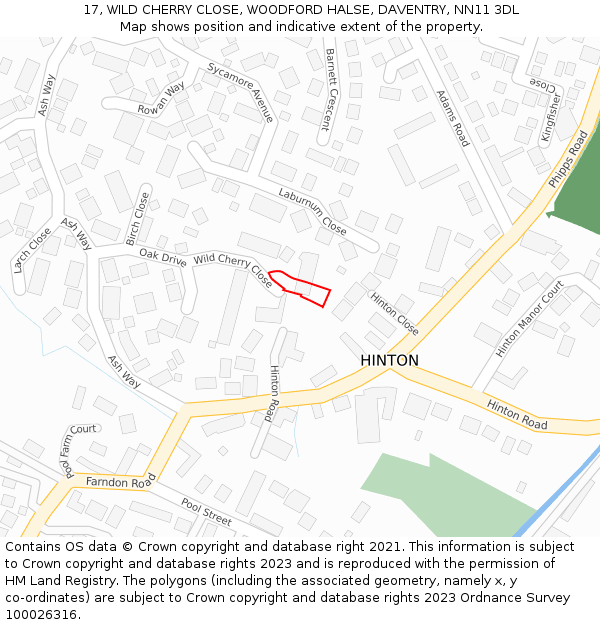 17, WILD CHERRY CLOSE, WOODFORD HALSE, DAVENTRY, NN11 3DL: Location map and indicative extent of plot