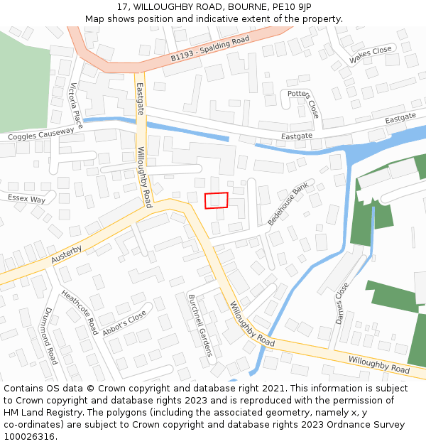 17, WILLOUGHBY ROAD, BOURNE, PE10 9JP: Location map and indicative extent of plot