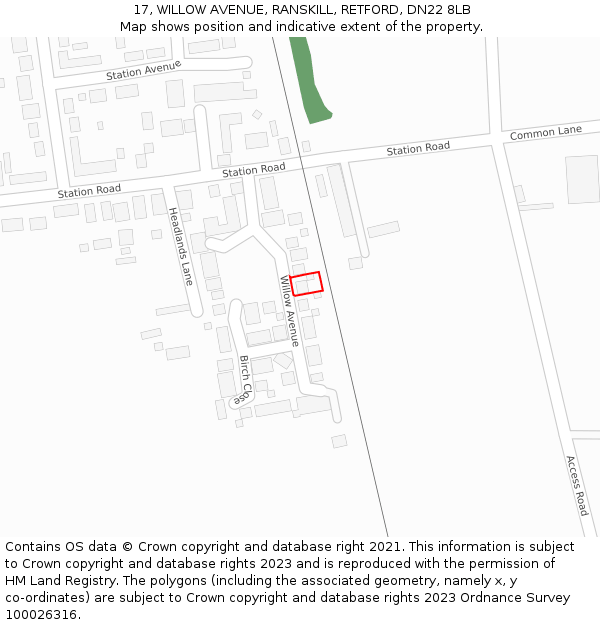 17, WILLOW AVENUE, RANSKILL, RETFORD, DN22 8LB: Location map and indicative extent of plot