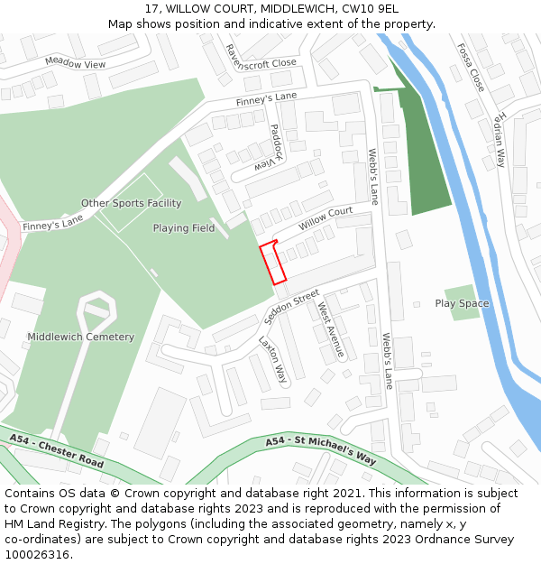 17, WILLOW COURT, MIDDLEWICH, CW10 9EL: Location map and indicative extent of plot