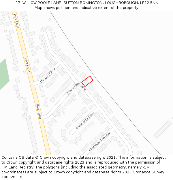 17, WILLOW POOLE LANE, SUTTON BONINGTON, LOUGHBOROUGH, LE12 5NN: Location map and indicative extent of plot