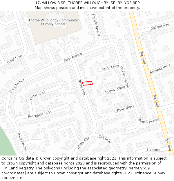 17, WILLOW RISE, THORPE WILLOUGHBY, SELBY, YO8 9PP: Location map and indicative extent of plot