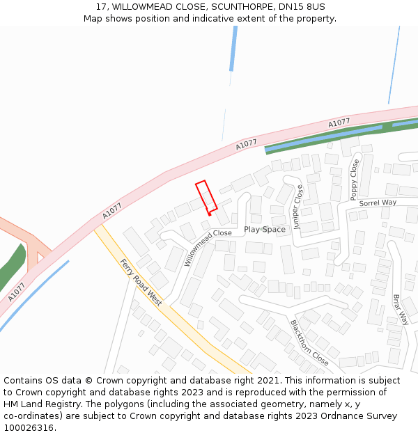 17, WILLOWMEAD CLOSE, SCUNTHORPE, DN15 8US: Location map and indicative extent of plot