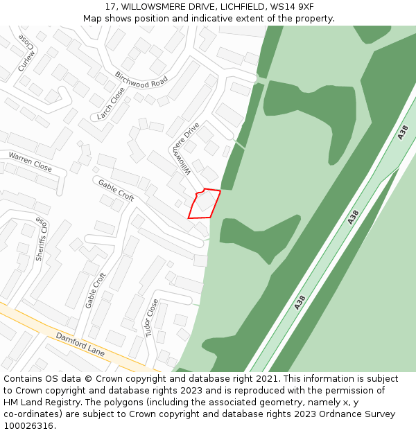 17, WILLOWSMERE DRIVE, LICHFIELD, WS14 9XF: Location map and indicative extent of plot