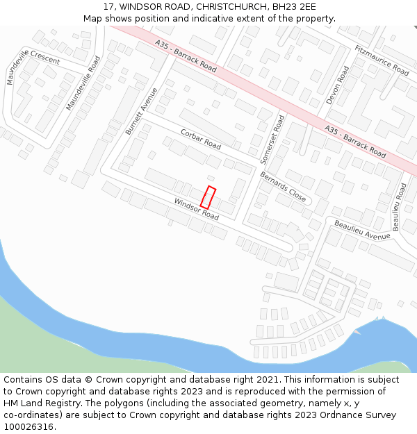 17, WINDSOR ROAD, CHRISTCHURCH, BH23 2EE: Location map and indicative extent of plot