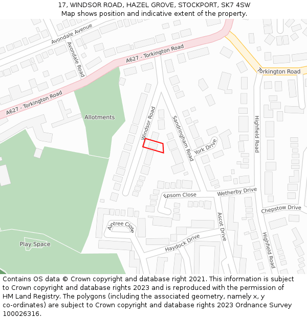 17, WINDSOR ROAD, HAZEL GROVE, STOCKPORT, SK7 4SW: Location map and indicative extent of plot