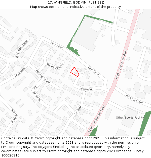 17, WINGFIELD, BODMIN, PL31 2EZ: Location map and indicative extent of plot