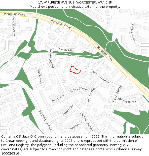 17, WIRLPIECE AVENUE, WORCESTER, WR4 0NF: Location map and indicative extent of plot