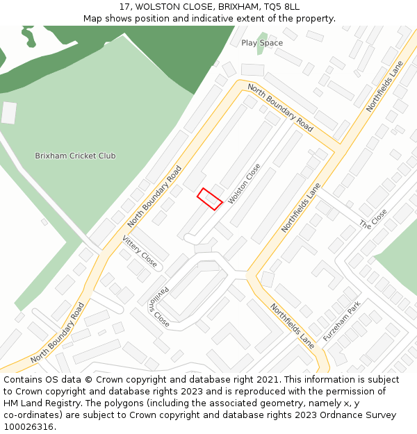 17, WOLSTON CLOSE, BRIXHAM, TQ5 8LL: Location map and indicative extent of plot