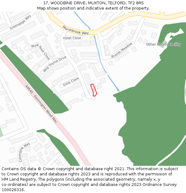 17, WOODBINE DRIVE, MUXTON, TELFORD, TF2 8RS: Location map and indicative extent of plot