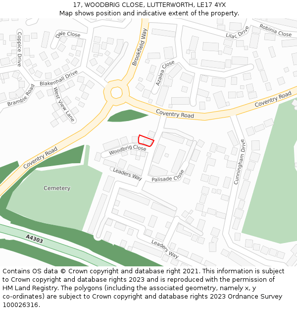 17, WOODBRIG CLOSE, LUTTERWORTH, LE17 4YX: Location map and indicative extent of plot