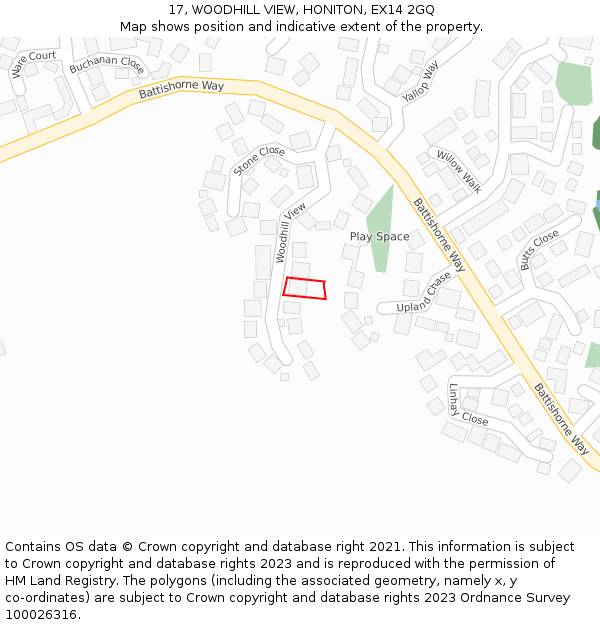 17, WOODHILL VIEW, HONITON, EX14 2GQ: Location map and indicative extent of plot