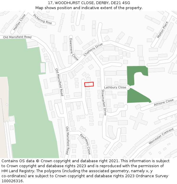 17, WOODHURST CLOSE, DERBY, DE21 4SG: Location map and indicative extent of plot