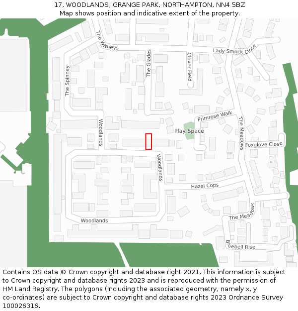 17, WOODLANDS, GRANGE PARK, NORTHAMPTON, NN4 5BZ: Location map and indicative extent of plot