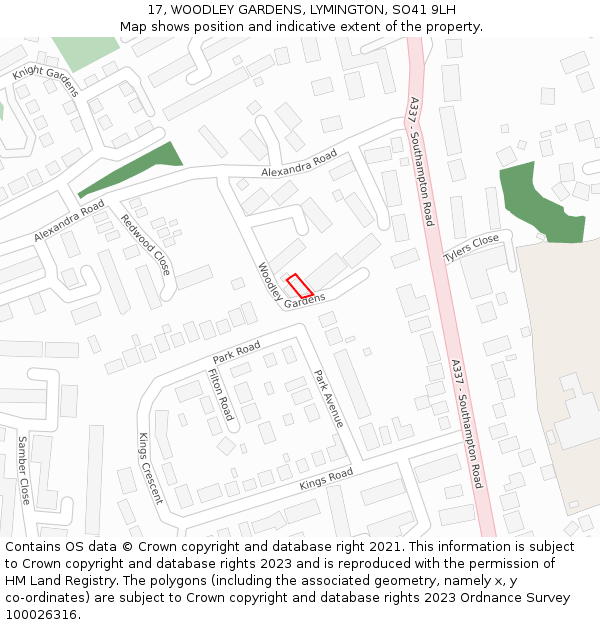 17, WOODLEY GARDENS, LYMINGTON, SO41 9LH: Location map and indicative extent of plot