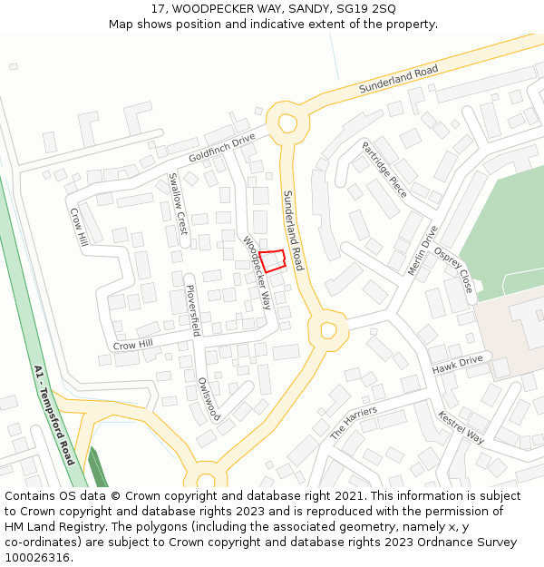 17, WOODPECKER WAY, SANDY, SG19 2SQ: Location map and indicative extent of plot