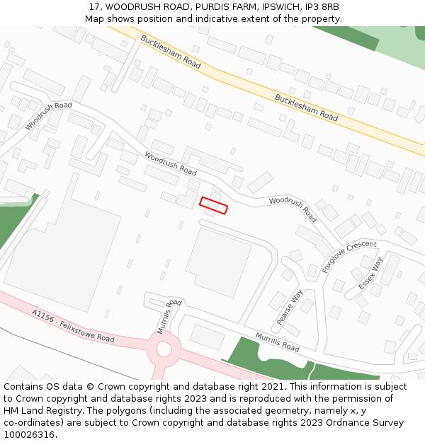 17, WOODRUSH ROAD, PURDIS FARM, IPSWICH, IP3 8RB: Location map and indicative extent of plot