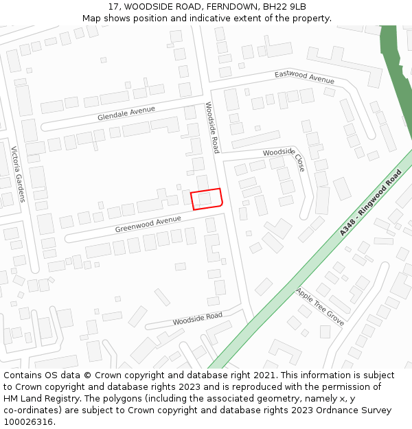 17, WOODSIDE ROAD, FERNDOWN, BH22 9LB: Location map and indicative extent of plot