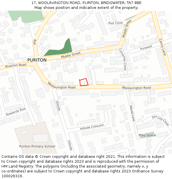 17, WOOLAVINGTON ROAD, PURITON, BRIDGWATER, TA7 8BE: Location map and indicative extent of plot